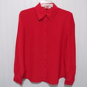 Long-sleeved Scarlet Red Silk Blouse, Size 4
